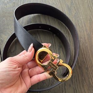 Salvatore Ferragamo Reversible Black/brown Belt with Gold Double Gancini Buckle